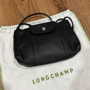 Longchamp Le Pliage Cuir Crossbody ~ Black Leather